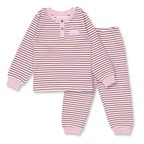 Sense Organics Sense Organics Kinder Schlafanzug, Modell JUNIS, Himbeerrot-weiß geringelt mit katzen-applikationn / himbeerrot-weiß geringelt, – Produktbild 1 von 4
