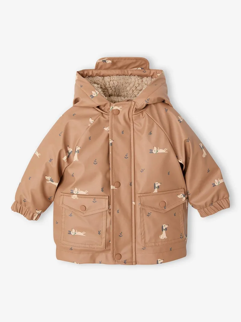 Vertbaudet Baby Regenjacke mit Kapuze und Teddyfleece-Futter hunde, Hellbraun hunde, – Produktbild 1 von 4