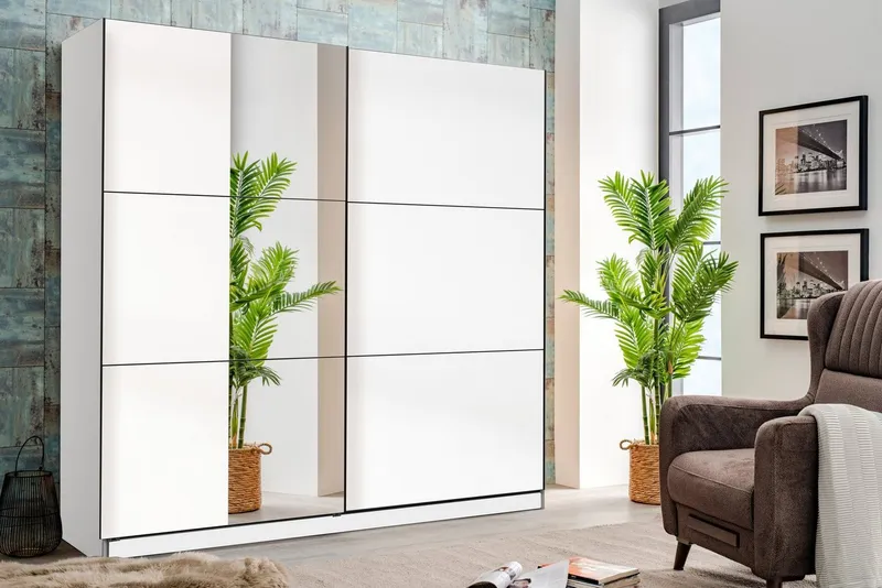 OTTO home Schwebetürenschrank Sierra Kleiderschrank mit Spiegel Garderobe Topseller inklusive Inneneinteilung & Kleiderstange, FSC®-Zertifiziert, Weiß, – Produktbild 7 von 8
