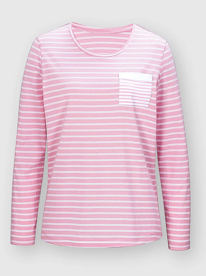 wäschepur Schlafanzug-Shirt rosé-weiß-geringelt, Rosé-weiß-geringelt, – Produktbild 2 von 3