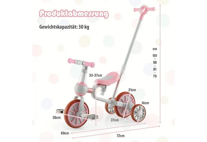 COSTWAY Costway 4 in 1 Kinder Dreirad & Laufrad & Balance Bike & Schiebeauto mit verstellbarem Schiebegriff – Produktbild 3 von 6