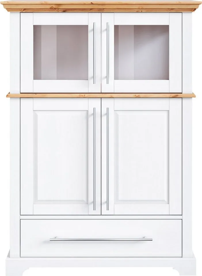 OTTO home Highboard Melissa Vitrine Breite/Höhe/Tiefe 94/39/133 cm, Breite 94 cm, 4-türig, mit Schublade, Kiefer massiv, FSC®, Weiß, – Produktbild 4 von 5