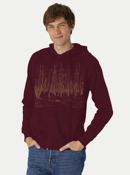 Peaces.bio - handbedruckte Biomode Peaces.bio - handbedruckte Biomode Herren Zip-Hoodie Woodland, Bordeaux, – Produktbild 2 von 2