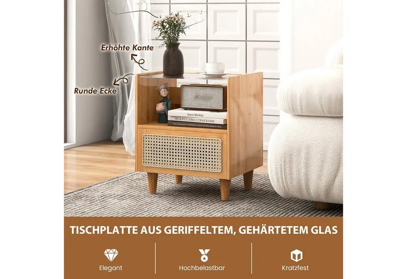 COSTWAY COSTWAY Nachttisch (2-St), Rattan Beistelltisch, mit Glastischplatte, aus Bambus – Produktbild 5 von 5