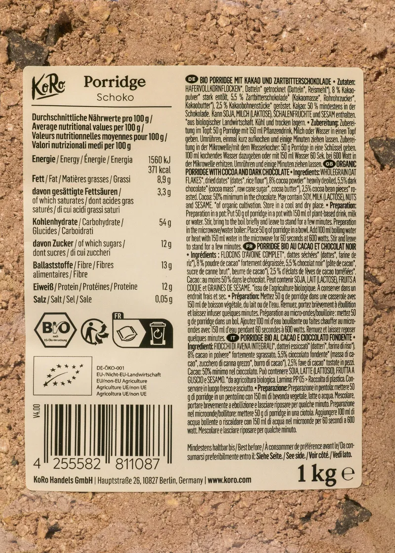 KoRo Bio Schoko Porridge 1 kg – Produktbild 4 von 4