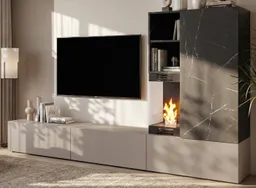 Inn.Furn Wohnwand Cosy, (TV Schrankwand in Marmor und hellem Grau, 6-St., integrierter Kamin, 270 x 158 cm), mit viel Stauraum und Push-To-Open-Funktion – Produktbild 1 von 1