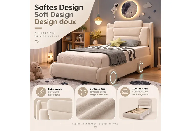 i@home Kinderbett 90 x 200cm Kinder Autobett Polsterbett,Kinderbett,Jugendbett,Cremeweiß, mit höhenverstellbarem Kopfteil, Lichtleiste, Räder-Design, Flanell, Weiß, – Produktbild 2 von 5