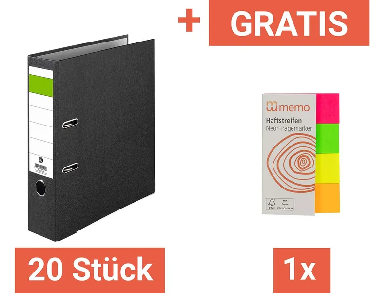 Memo 20 Ordner “Economy” Rückenbreite 8 cm + Gratis memo Haftstreifen “Neon Marker” – Produktbild 1 von 1