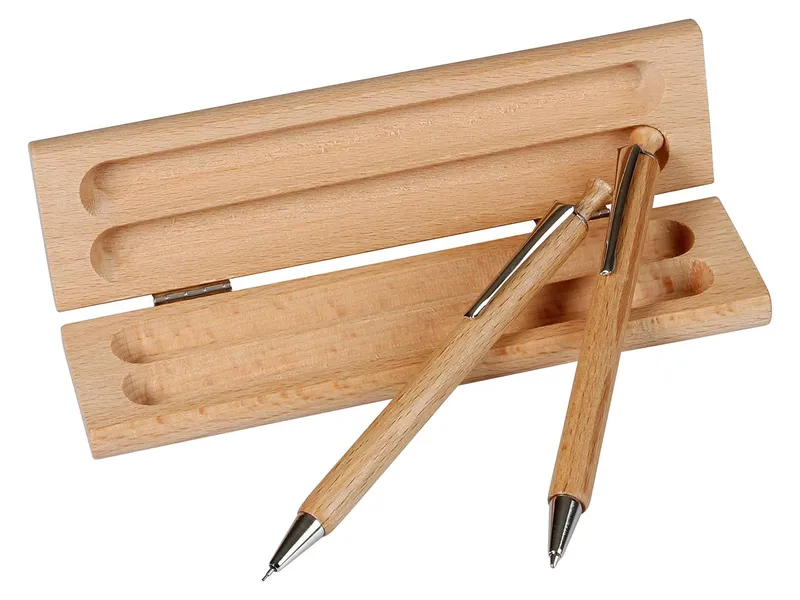 Memo Holzetui eckig mit Druckbleistift und Kugelschreiber – Produktbild 2 von 3
