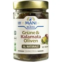 Mani Bläuel Grüne & Kalamata-Oliven al naturale ohne Stein, geölt – Produktbild 1 von 1