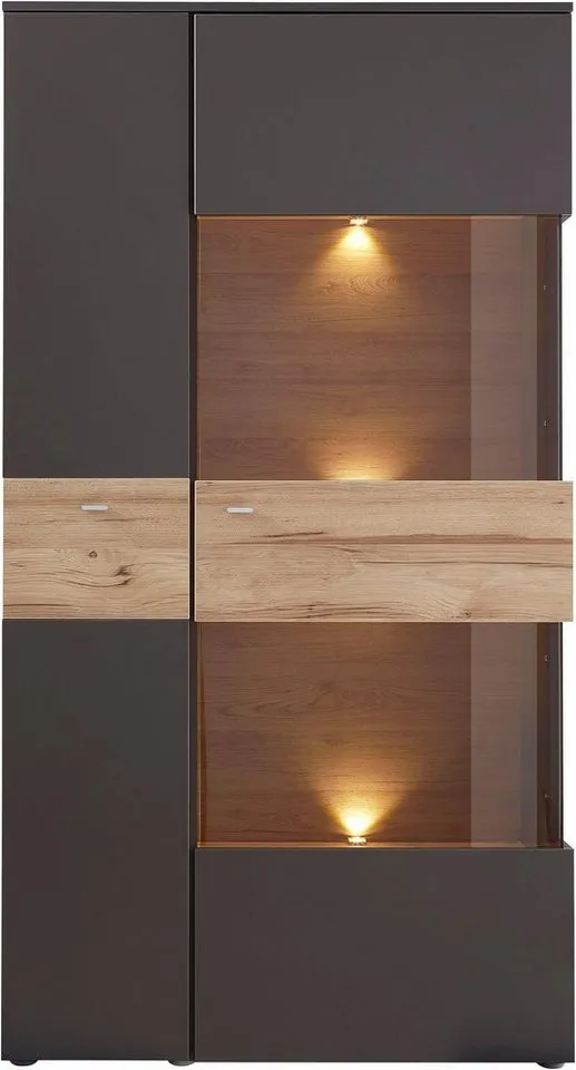 FORTE Vitrine Como Highboard, LED Beleuchtung Einlegeböden, Glastüre, Soft Close, Grau, – Produktbild 3 von 8