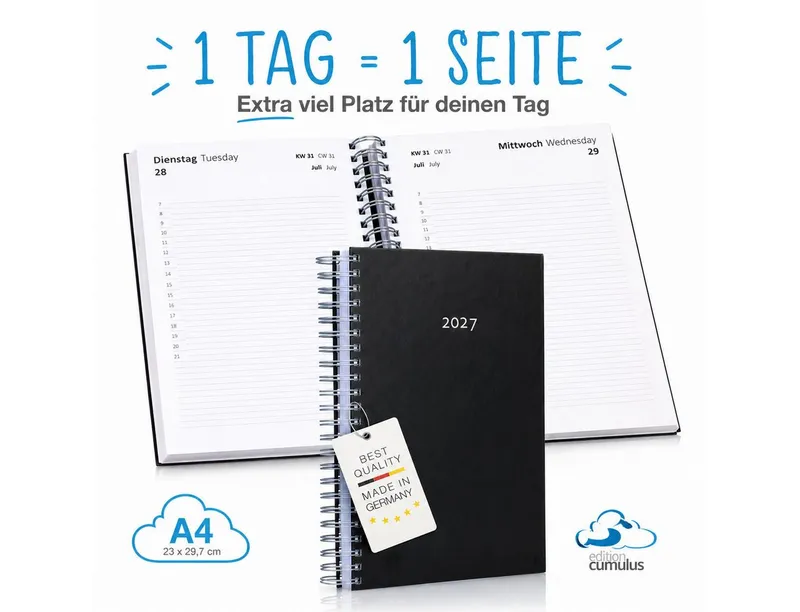 edition cumulus Terminkalender edition cumulus Der GROSSE DICKE Tageskalender 2027 DIN A4 1Tag=1Seite, 1 Tag pro Seite, DIN A4, FSC-Papier, Notizbereich, Schwarz, – Produktbild 5 von 5