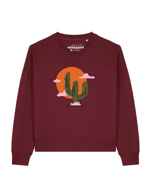 watapparel watapparel Sweatshirt Frauen Kaktus im Sonnenuntergang, Burgundy, – Produktbild 1 von 2