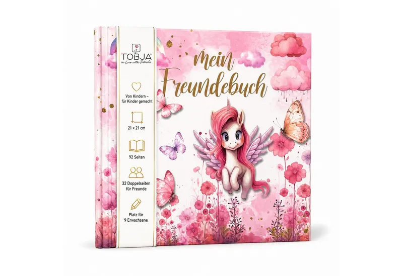 TOBJA Poesiealbum Freundebuch Grundschule Einhorn 21x21 cm - 32 Freunde, 9 Erwachsene, Einhorn-Motiv, 92 Seiten, 30 Doppelseiten, FSC®-Papier – Produktbild 1 von 5