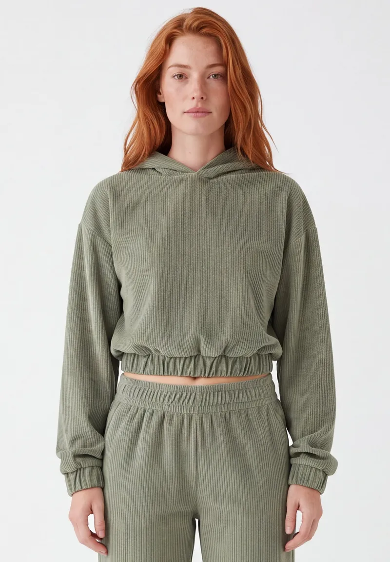 ORGANICATION ORGANICATION Damen vegan Kurzer Hoodie Aus Cord Olivgrün, Grün, – Produktbild 1 von 2