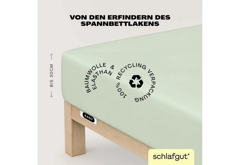 Schlafgut Schlafgut Spannbettlaken EASY JERSEY ELASTHAN Bettlaken, 170 g/m², 95% Baumwolle, 5% Elasthan, Jersey, Gummizug: rundum, (1 Stück), Spannbettlaken bis 30 cm Höhe, bügelfrei, pflegeleicht, perfekter Sitz, Grün, – Produktbild 6 von 8