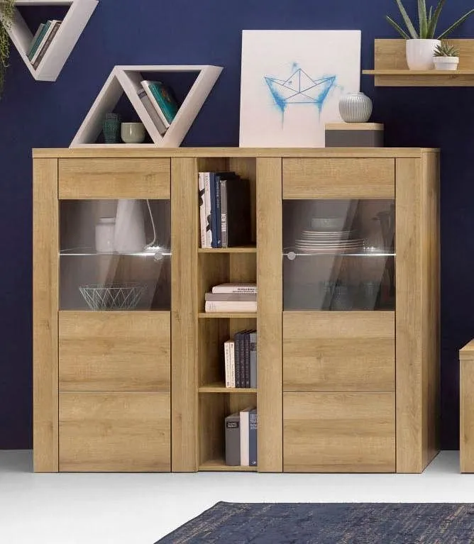 OTTO home Highboard Larona, zeitlose Hochkommode mit 2 Türen, Türkommode, Höhe 129,5 cm, Anrichte mit dekorative Rahmenoptik, Türen mit Glaseinsatz, Beige, – Produktbild 2 von 4