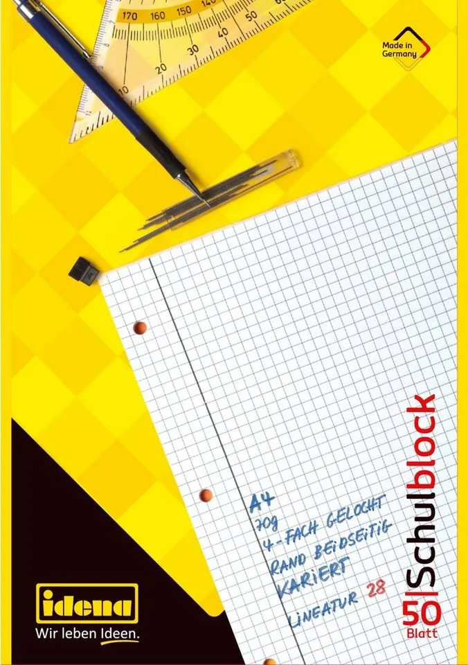 Idena Collegeblock Schulblock - kariert, DIN A4, Gelb, – Produktbild 1 von 1