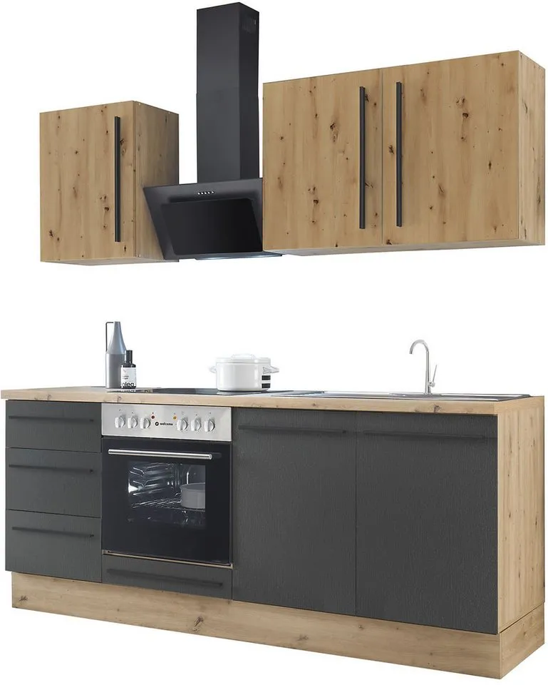 KOCHSTATION Küchenzeile KS-Florida mit 38mm starker Arbeitsplatte, Breite 210 cm, wahlweise mit E-Geräten, Soft-Close-Funktion, Schwarz, – Produktbild 4 von 7