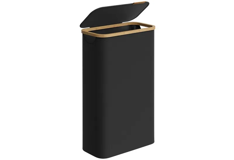 SONGMICS SONGMICS Wäschekorb mit Deckel, herausnehmbarer Einsatz, Bambus‑Rahmen, Oxford‑Gewebe, 65 L, 42 x 22,5 x 70,5 cm, mit Deckel, platzsparend, Griffe aus Bambus, Schwarz, – Produktbild 1 von 5