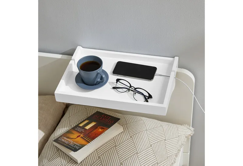 SoBuy Nachttisch NKD01, Klemmregal fürs Bett mit Kabelführung, Bambus, Bettablage mit Kabelführung Regal für Mobiltelefon Fernbedienung, Weiß, – Produktbild 3 von 5