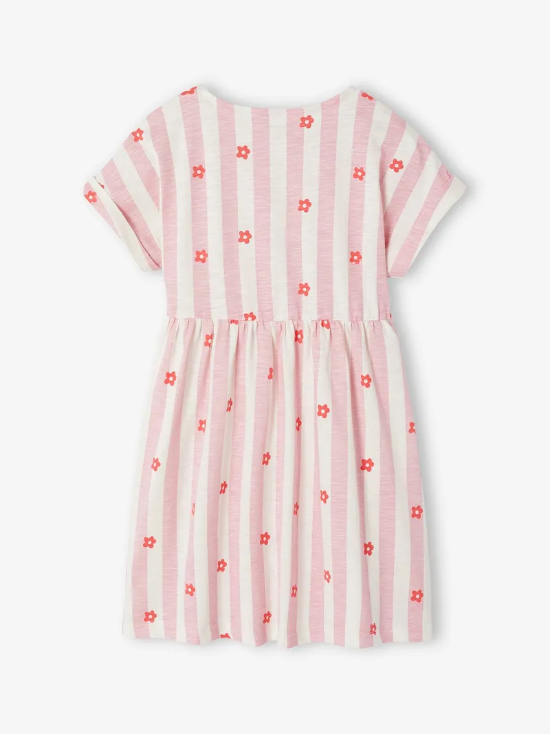 Vertbaudet Gestreiftes Jersey-Kleid mit kurzen Ärmeln Mädchen, Rosa gestreift, – Produktbild 2 von 3