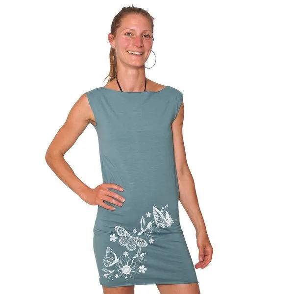 HANDGEDRUCKT HANDGEDRUCKT "Frühlingsboten" Bio-Kleidchen, Taubenblau, – Produktbild 1 von 3