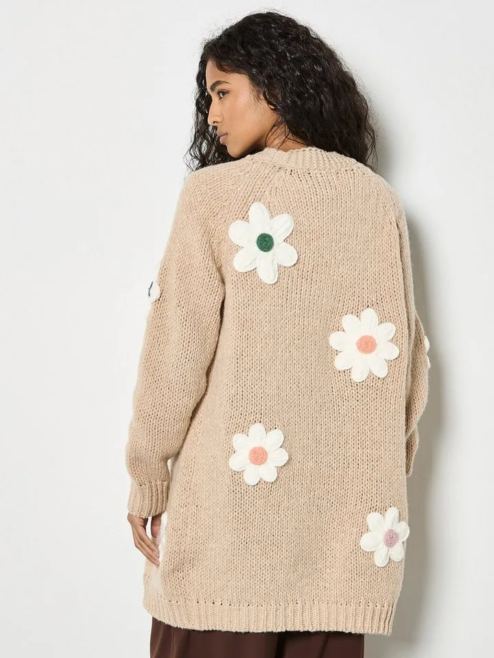 Apricot Apricot Cardigan 3D-Gänseblümchen-Strickjacke aus grobem Strick Blumenapplikation, Grau, – Produktbild 4 von 5