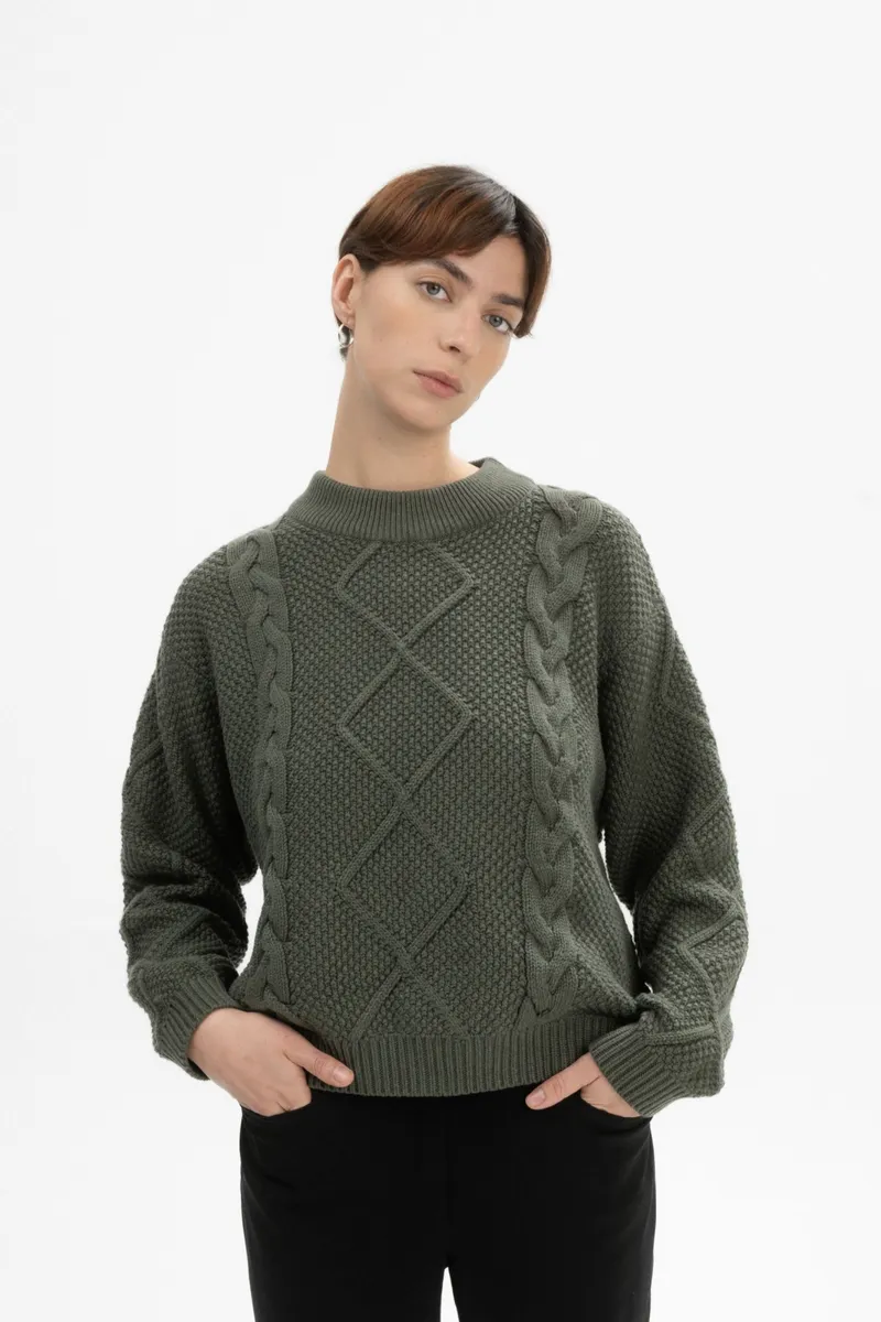 MELA MELA Damen vegan Strickpullover Cable Samaira Grün Melange, Olivgrün, – Produktbild 2 von 2