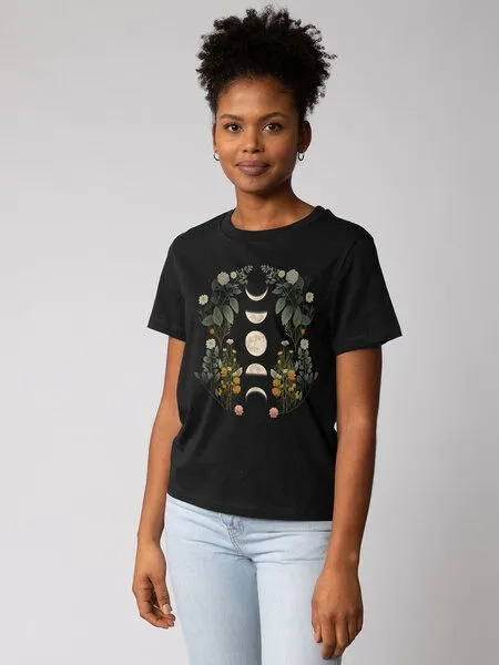 watapparel watapparel T-Shirt Frauen Moonphases & Flowers, Black, – Produktbild 1 von 3
