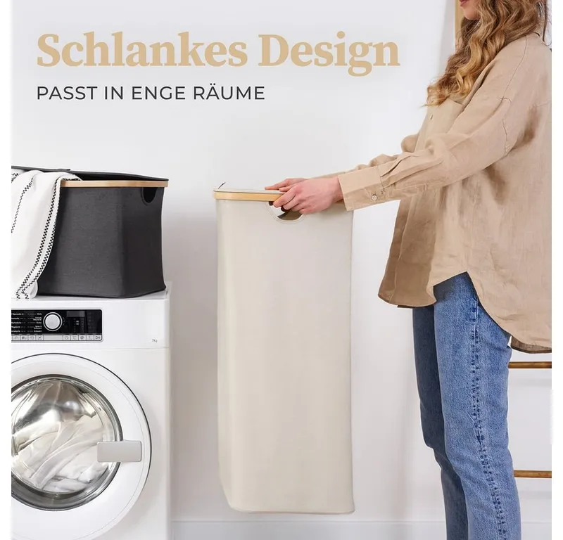 HENNEZ Wäschekorb mit Griff aus Bambus, 100 l – Wäschekorb mit Deckel, Beige|weiß, – Produktbild 5 von 5