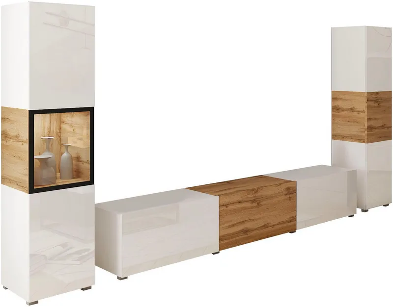 Home affaire Wohnwand BERLIN III, Vitrine Türschlag links/rechts wechselbar, (Komplett-Set, 3-St), moderne grifflose Mediawand Breite 260 cm, Vitrine mit Verglasung, Weiß, – Produktbild 1 von 5