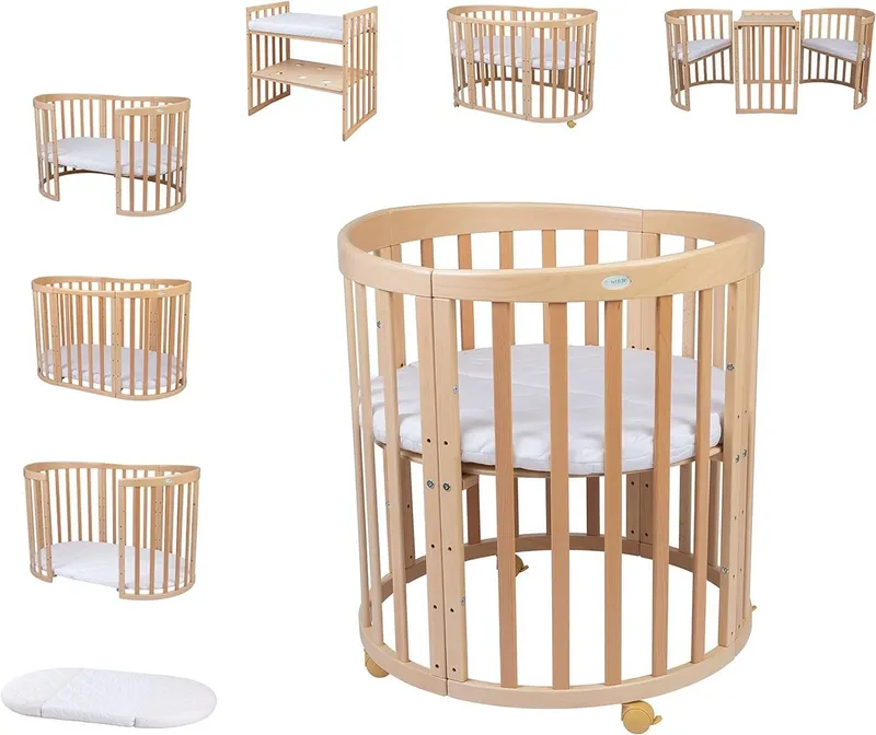 Waldin Waldin Babybett Oval 7in1 mitwachsend, Beistellbett, Matratze, Rollen, Beige, – Produktbild 1 von 8