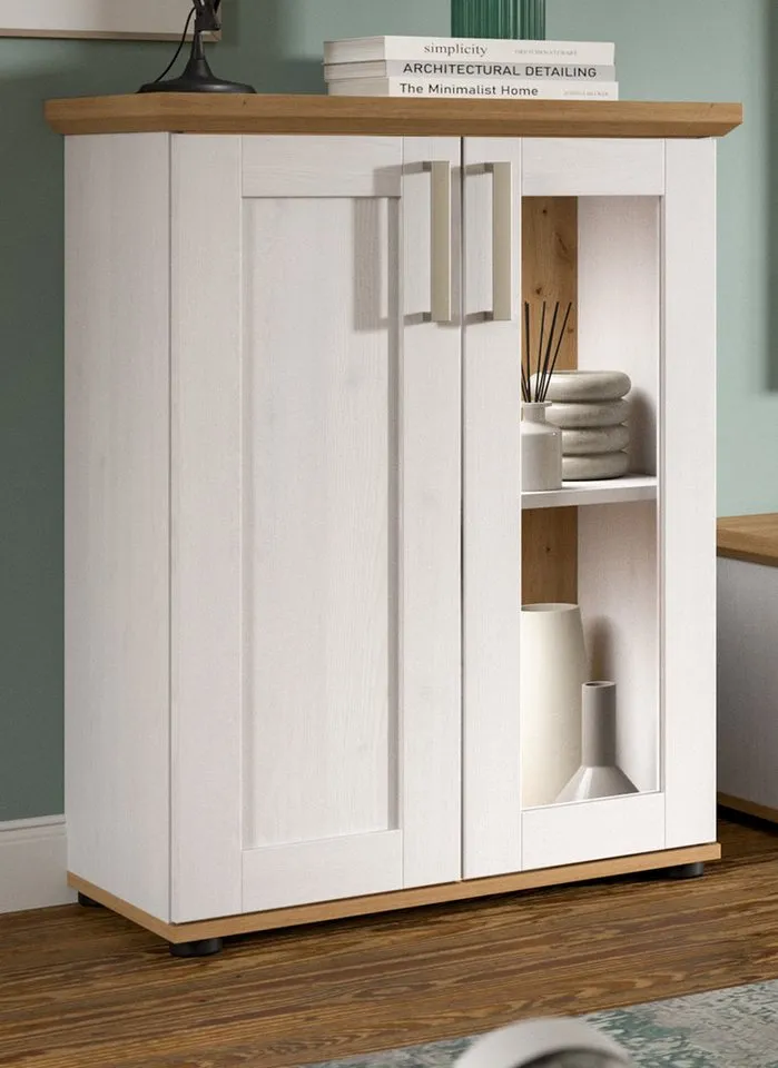 Inn.Furn Standvitrine Mirano (Kommode in weiß Lärche mit Eiche Artisan, 64 x 88 cm) stehend oder Wandmontage, Weiß, – Produktbild 4 von 5