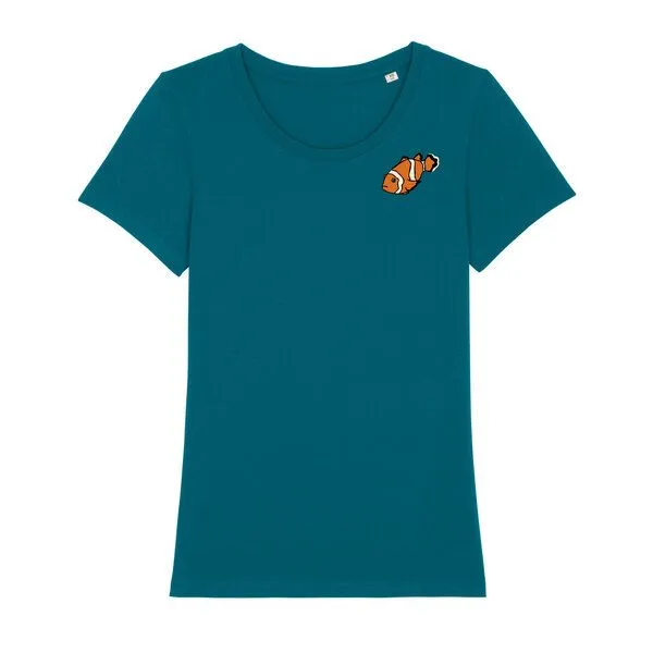 Spangeltangel Spangeltangel T-Shirt bedruckt, "Clownfisch", nachhaltig, Biobaumwolle, Brustprint, Damen, Kurzarmshirt, Damenshirt, Frauen, bio, Petrol, – Produktbild 1 von 3