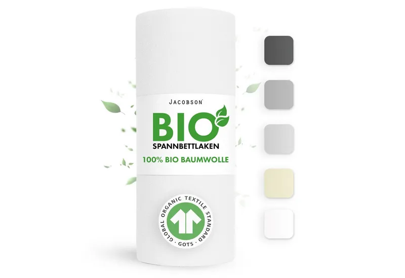 Jacobson Spannbettlaken BIO, Jersey Spannbetttuch, Bettlaken 160 g/m², 100% BIO-Baumwolle, Gummizug: rundum, Weiß, – Produktbild 1 von 8