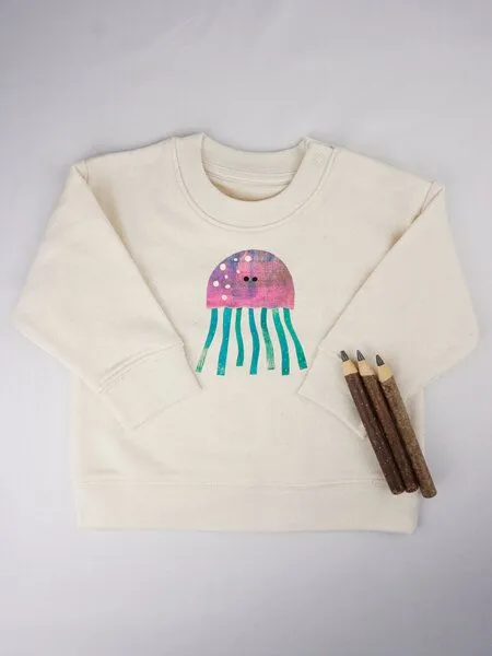 MelaDi Meladi Kinder Baby - Sweater aus Biobaumwolle - Qualle auf Natural Raw, Weiß, – Produktbild 5 von 7