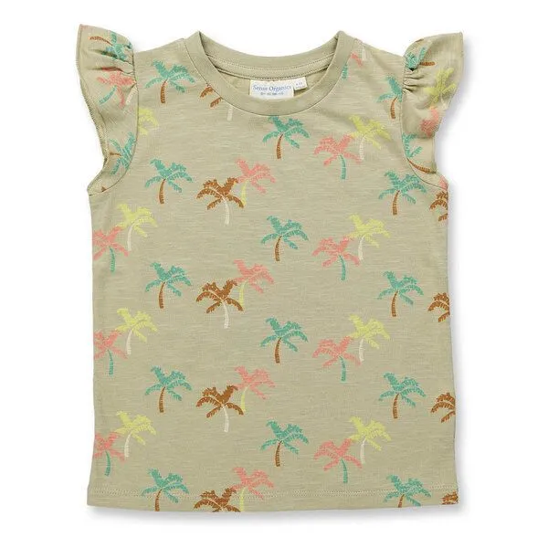 Sense Organics Sense Organics Mädchen T-Shirt mit Palmen, Modell NANA, Palmen-druck auf hellem schilfgrün, – Produktbild 1 von 4
