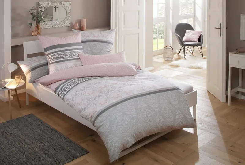 OTTO home Bettwäsche Cremona in Gr. 135x200, 155x220 cm u.a. Bettwäsche-Set mit Ornamenten, Biber, 3 teilig, romantische Bettwäsche in verschiedenen Qualitäten, ab Gr. 135x200 cm, Grau|rosa, – Produktbild 3 von 5