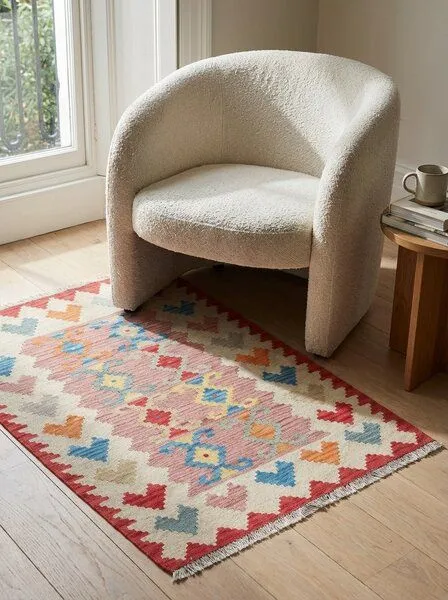 Rugtales Kelim Gashgai Rosa „Rugtales“ aus Schurwolle, 101x146 cm, Rosa, – Produktbild 1 von 4