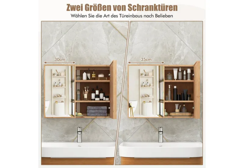 COSTWAY COSTWAY Spiegelschrank Bambus, mit 2 Türen, 2 verstellbaren Regalen, 65cm, Beige, – Produktbild 3 von 5
