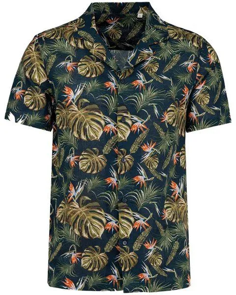 YTWOO YTWOO Herren Hawaii Hemd | Bio -Baumwolle-Leinen-Mix | Aloha Shirt | Kurzarm Hemd, Marineblau mit tropischen pflanzen, – Produktbild 1 von 4