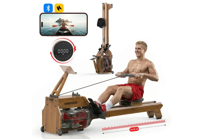 Wenoker Rudergerät Wasser für Zuhause aus FSC-Massiv-Eiche App-kompatibel, 22L-Wassertank (1-tlg., LCD-Display mit Drehregler, mehrstufig einstellbarer Widerstand), Bluetooth, Zwift-/Kinomap-Kompatibilität, Tablet-Halterung, Braun, – Produktbild 2 von 5
