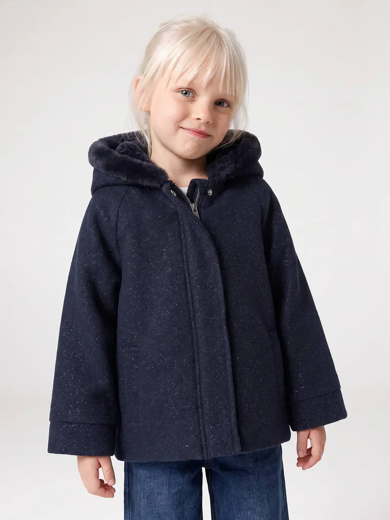 Vertbaudet Mädchen Wintermantel mit Kapuze und Schleife, Marine, – Produktbild 1 von 4