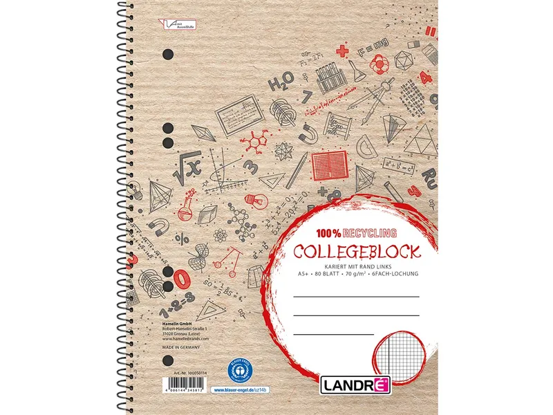 Herlitz herlitz Recycling-Collegeblock mit Rand links, DIN A5, kariert, 80 Blatt – Produktbild 2 von 3