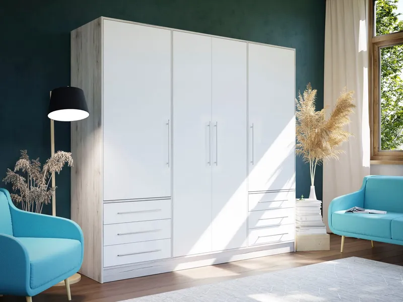 FORTE Kleiderschrank Jupiter, Made in Europe, mit 6 Schubladen, Stauraum (Maße B/H/T ca. 207/200 cm/60) Stauraum, 2 Breiten, 4 Farben, Schubladen, variable Einlegeböden, Weiß, – Produktbild 5 von 8