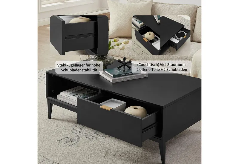 Leonique Couchtisch Lavisha, Eisengestell und FSC-zertifiziertes Holz, Breite 110 cm, Schwarz, – Produktbild 1 von 5