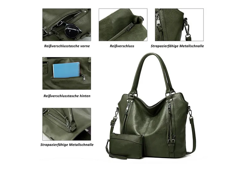 TANTOMI Handtasche Damen Schultertasche Groß Shopper Vegan Handtasche, Handtaschen Umhängetasche Geldbörse Damen Taschen 2-Tlg, Grün, – Produktbild 4 von 6