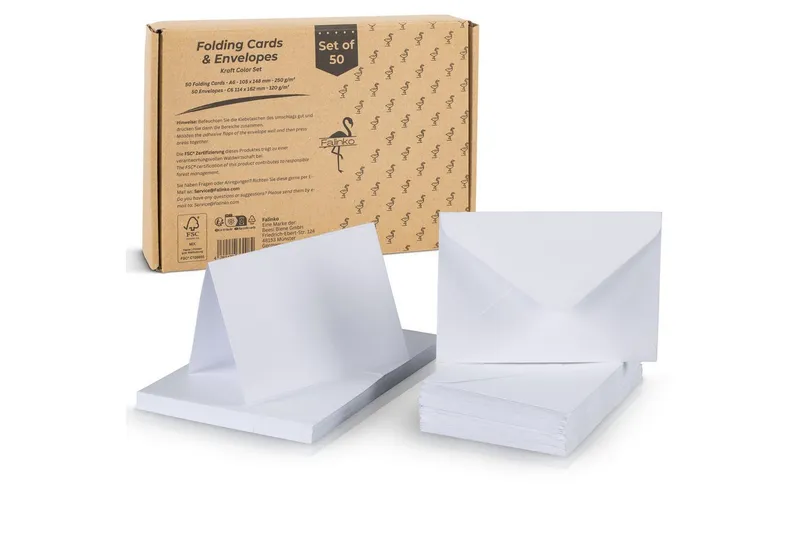 Falinko Briefumschlag 50x Faltkarten mit Umschlag weiß, Din A6/C6 I neutrale Grußkarten mit Umschlag (Kraftpapier, 50er Set) – Produktbild 2 von 5