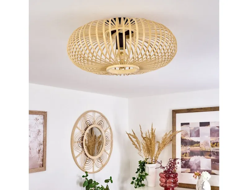 hofstein Deckenleuchte »Aidone« runde Deckenlampe aus Holz/Metall in Natur/Schwarz, ohne Leuchtmittel, Leuchte in Gitter-Optik,Lichteffekten an der Decke, Ø40cm, 1xE27, Beige, – Produktbild 2 von 5